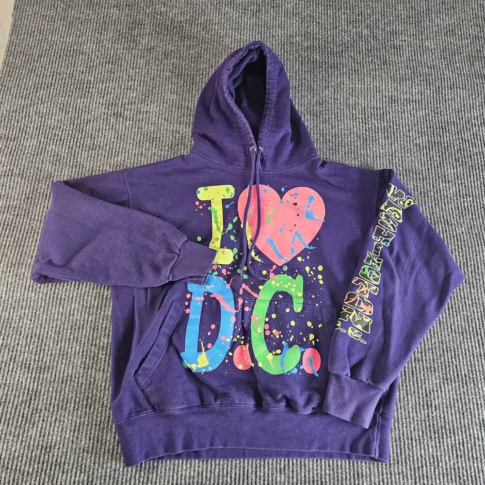 SUN Hoodie Mens Medium Purple I Heart DC Washington Print Pullover Made in USA